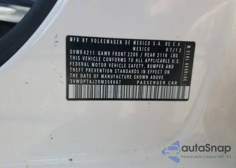 2013 Volkswagen Jetta Se z USA, uszkodzony, nr VIN 3VWDP7AJ2DM208667